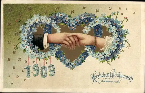 Präge Litho Glückwunsch Neujahr 1908, Vergissmeinnicht, Händedruck