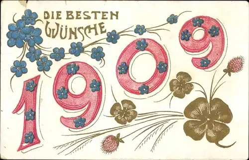 Präge Ak Glückwunsch Neujahr 1909, Glücksklee, Vergissmeinnicht
