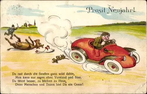 Ak Glückwunsch Neujahr, Du rast durch die Straßen ganz wild dahin..., Flucht, Auto, Pferd, Unfall