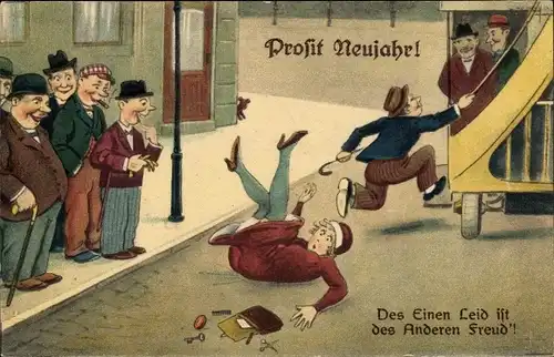 Ak Glückwunsch Neujahr, Des Einen Leid ist des Anderen Freund, Mann steigt in ein Fahrzeug ein