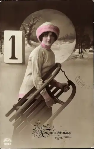 Ak Glückwunsch Neujahr, Frau mit Schlitten