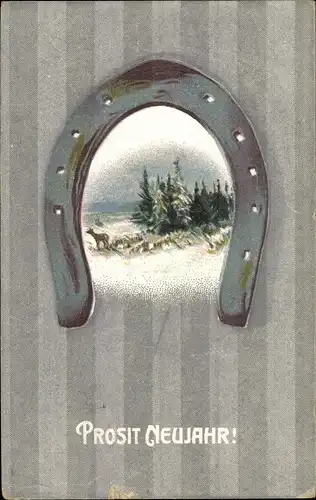 Ak Glückwunsch Neujahr, Hufeisen, Reh
