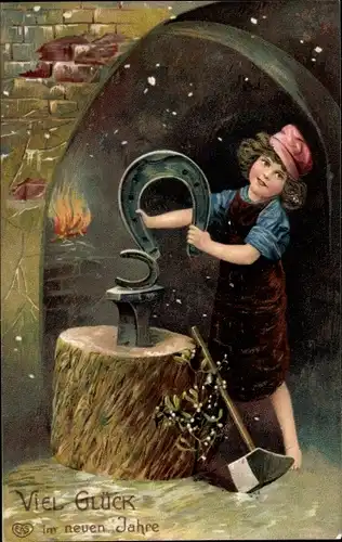 Ak Glückwunsch Neujahr, Kind als Schmied, Hufeisen