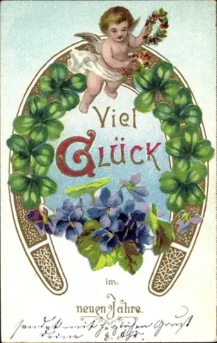 Litho Glückwunsch Neujahr, Engel, Hufeisen, Veilchen, Glücksklee