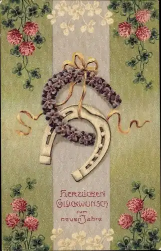 Ak Glückwunsch Neujahr, Hufeisen, Glücksklee, Blumen, Veilchen