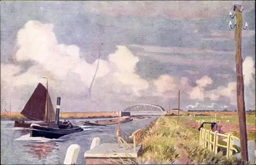 Künstler Ak Wolter, H. J., Het Merwedekanaal, Dampfer, Segelboot, Brücke