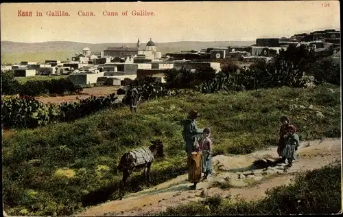Ak Cana Kana Galiläa Israel, Blick auf den Ort, Kinder, Esel