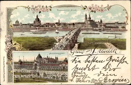 Litho Dresden Altstadt, Ausstellungspalast, Brücke, Gesamtansicht