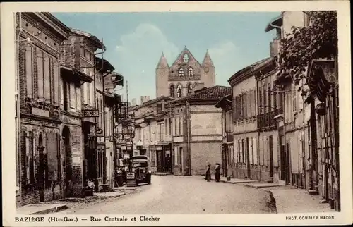 Ak Baziège Haute-Garonne, Rue Centrale et Clocher