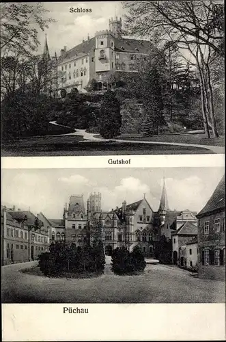 Ak Püchau Machern, Blick auf das Schloss und den Gutshof, Platz