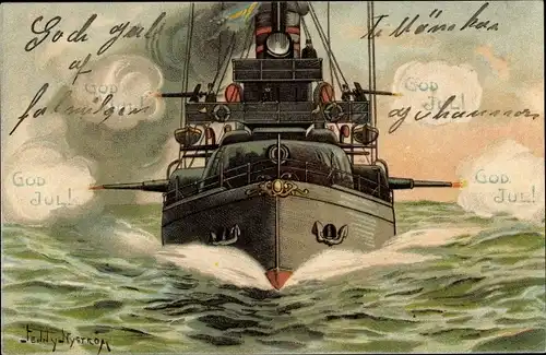 Künstler Ak Nyström, J., Glückwunsch Weihnachten, Kriegsschiff