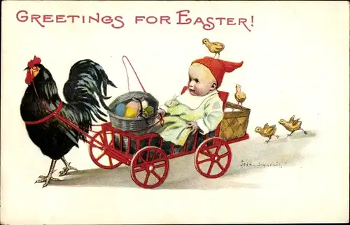 Künstler Ak Nyström, J., Glückwunsch Ostern, Kind, Fuhrwerk, Hühner, Ostereier