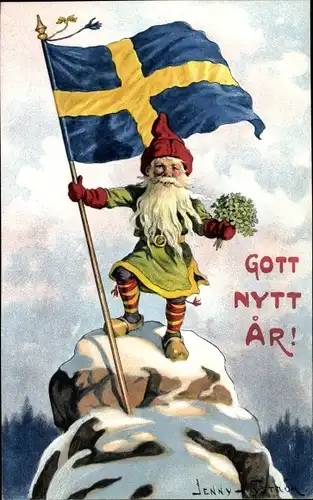 Künstler Ak Nyström, J., Glückwunsch Neujahr, Zwerg, Schwedische Fahne, Glücksklee