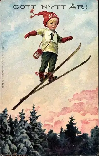 Künstler Ak Glückwunsch Neujahr, Skispringer, Ski, Tannenbäume