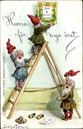 Künstler Ak Nyström, J., Glückwunsch Neujahr, Zwerge hängen einen Kalender, Leiter