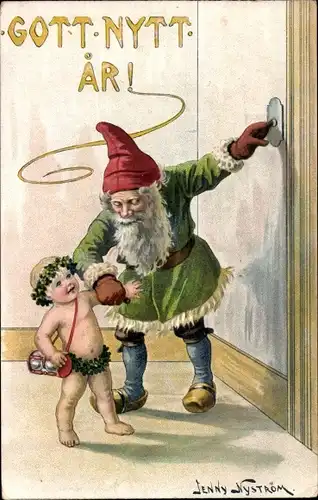 Künstler Ak Nyström, J., Glückwunsch Neujahr, Zwerg, Kind als Neues Jahr, Glücksklee, Sanduhr