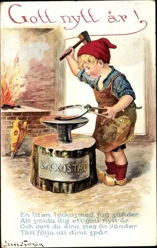 Künstler Ak Nyström, J., Glückwunsch Neujahr, Kind als Schmied, Hufeisen, Ofen, Zange, Amboss