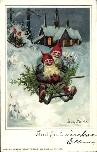 Künstler Litho Nyström, J., Glückwunsch Weihnachten, Zwerge, Schlittenfahrt, Tannenbaum