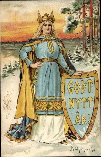 Künstler Ak Nyström, J., Glückwunsch Neujahr, Herrscherin, Schutzschild