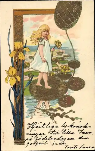 Präge Litho Mädchen, Gelbe Blumen, Weidenkätzchen