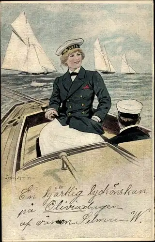 Künstler Litho Frau in Matrosenuniform, Segelpartie