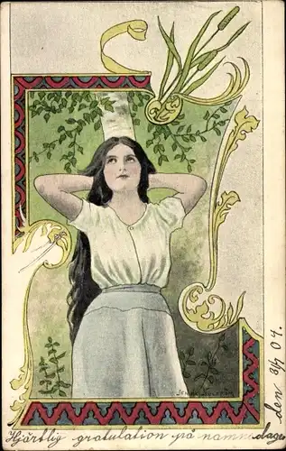 Litho Portrait einer Frau, Pflante, Laubblätter