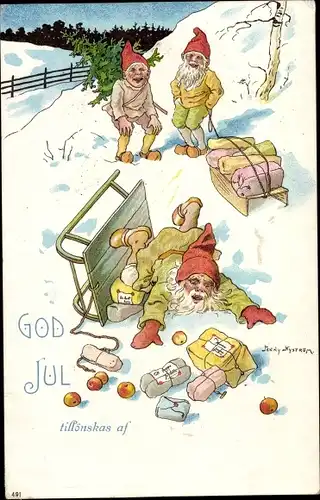 Litho Glückwunsch Weihnachten, Zwerge, Unfall, Schlittenfahrt, Geschenke