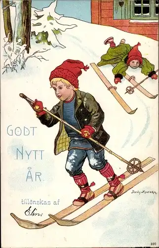 Künstler Ak Nyström, J., Glückwunsch Neujahr, Kinder, Unfall, Skifahrt
