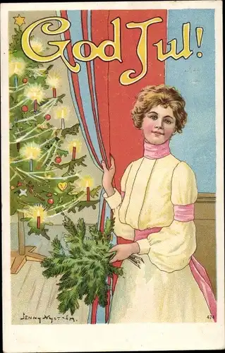 Künstler Ak Nyström, J., Glückwunsch Weihnachten, Mädchen am Tannenbaum