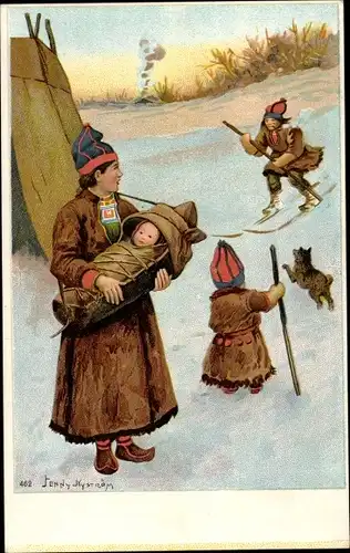 Künstler Ak Nyström, J., Familienbild, Trachten, Skifahrt, Baby, Hund
