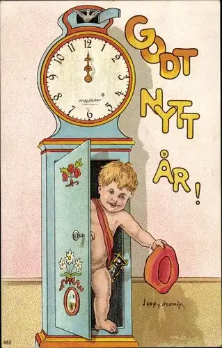 Künstler Ak Nyström, J., Glückwunsch Neujahr, Kind, Uhr