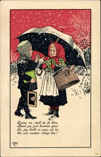 Litho Liebespaar, Kinder, Regenschirm, Korb, Geschenke