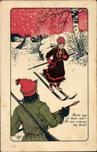 Litho Frau fährt Ski, Skifahrt, Winterszene