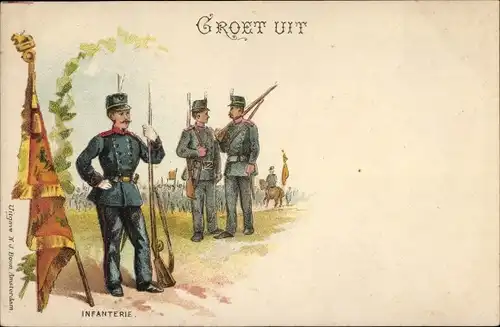 Litho Niederländische Soldaten in Uniformen, Infanterie