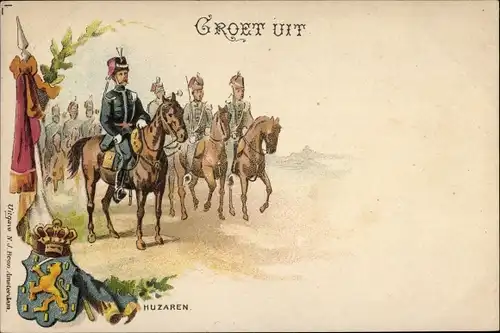 Litho Niederländische Soldaten in Uniformen, Huzaren, Wappen