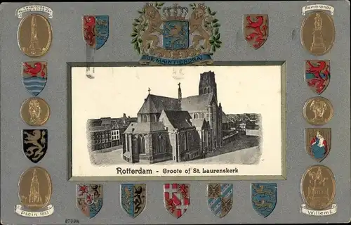 Präge Wappen Ak Rotterdam Südholland Niederlande, Groote of St. Laurenskerk