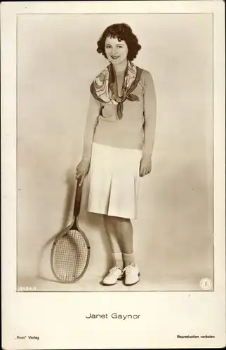 Ak Schauspielerin Janet Gaynor, Portrait, Tennisschläger