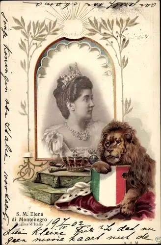 Präge Passepartout Ak Elena di Montenegro, Königin von Italien, Löwe mit Wappen