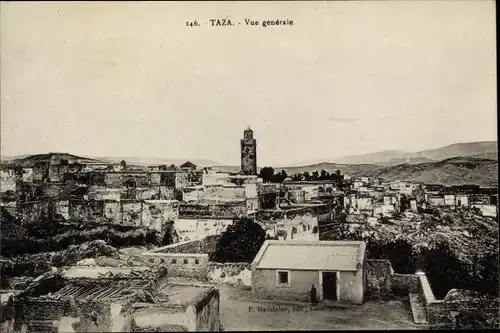 Ak Taza Marokko, Vue generale, Blick auf den Ort, Minarett, Häuser