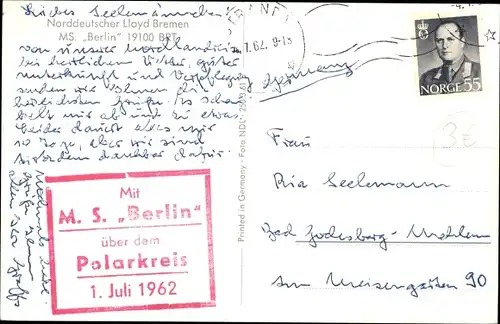 Ak Dampfschiff MS Berlin, Norddeutscher Lloyd, Polarreise 1962