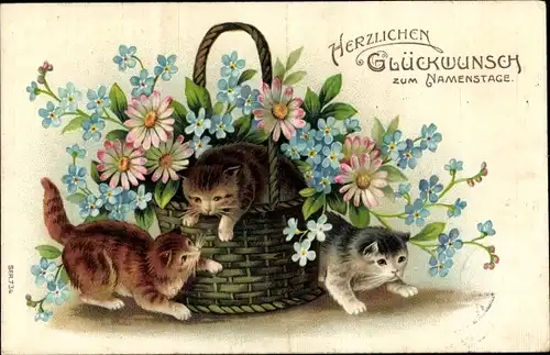 Ak Glückwunsch Namenstag, Kleine Katzen mit Blumenkorb, Vergissmeinnicht