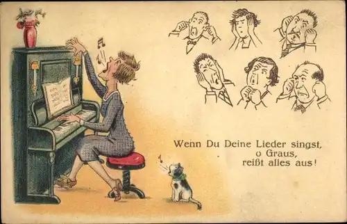 Ak Wenn du Deine Lieder singst, reißt alles aus, Frau am Klavier