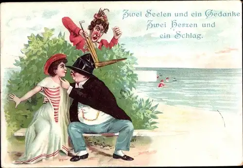 Litho Zwei Seelen und ein Gedanke, Zwei Herzen und ein Schlag, wütende Ehefrau