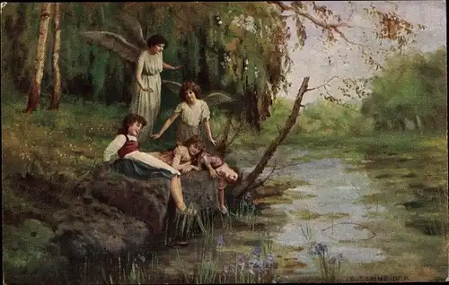 Künstler Ak Schneider, E., Schutzengel mit Kindern am Ufer