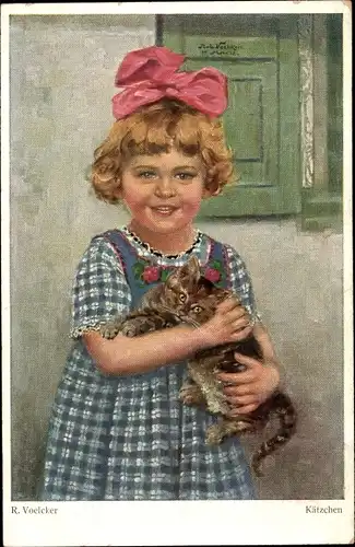 Künstler Ak Voelcker, Kinderlust, Kätzchen, Mädchen mit Katze