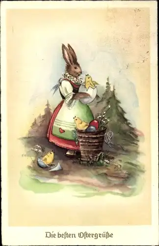 Ak Glückwunsch Ostern, Häsin mit Küken und Ostereiern