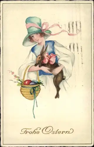 Ak Glückwunsch Ostern, Frau mit Eierkorb und Hase im Arm