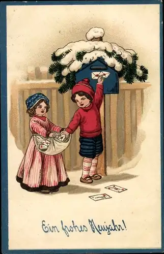 Ak Glückwunsch Neujahr, Kinder werfen Briefen in den Briefkasten