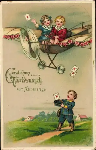 Ak Glückwunsch Namenstag, Kinder werfen Briefe aus einem Flugzeug, Postbote