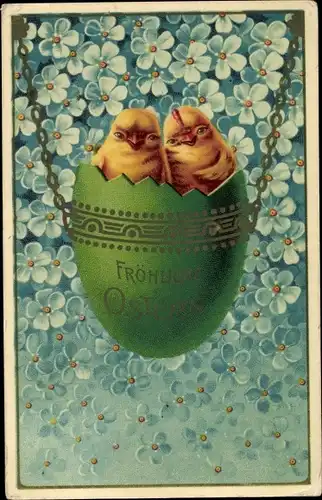 Ak Glückwunsch Ostern, Zwei Küken in einem Ei, Vergissmeinnicht